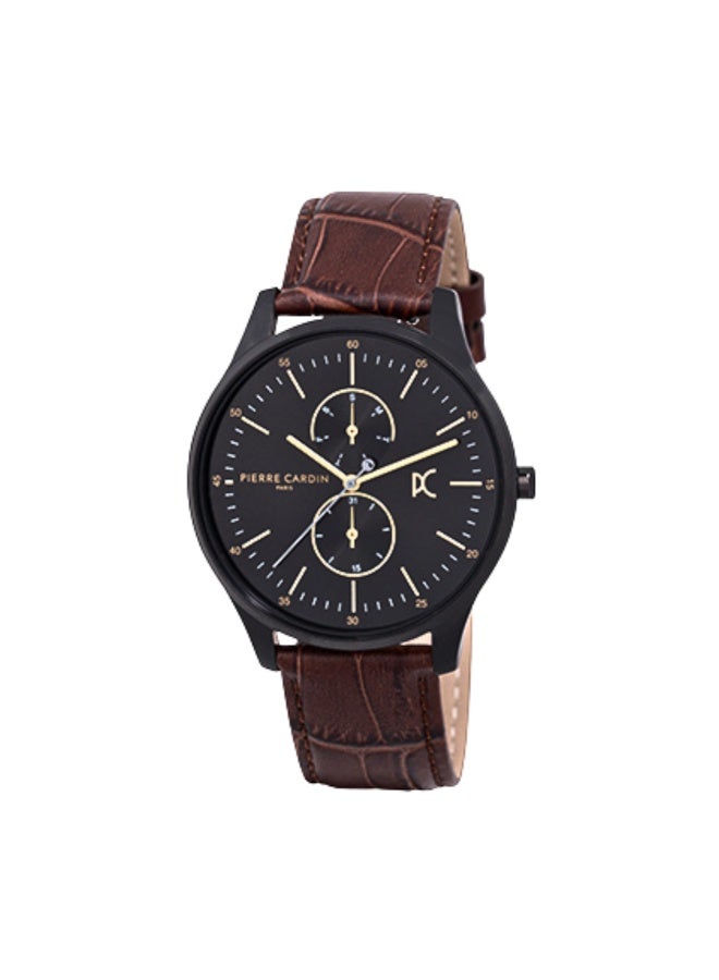 PIERRE CARDIN CBA.4028 MEN'S LUXURY TIMEPIECE - BLACK DIAL & BROWN LEATHER BAND - Image 1