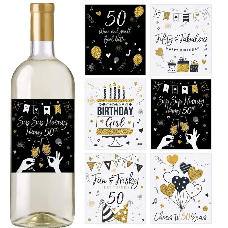 Printed Party Printed Party 50th Birthday Wine Bottle Labels Black and Gold Set of 6 