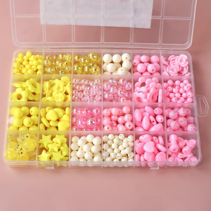 Capstro 24 Grid Acrylic Beads Jewelry Making Kit Fresh Princess – DIY Bead Box with Pastel & Glitter Beads, Charms & Strings – Creative Arts & Crafts Jewelry Gift for Girls Age 4+