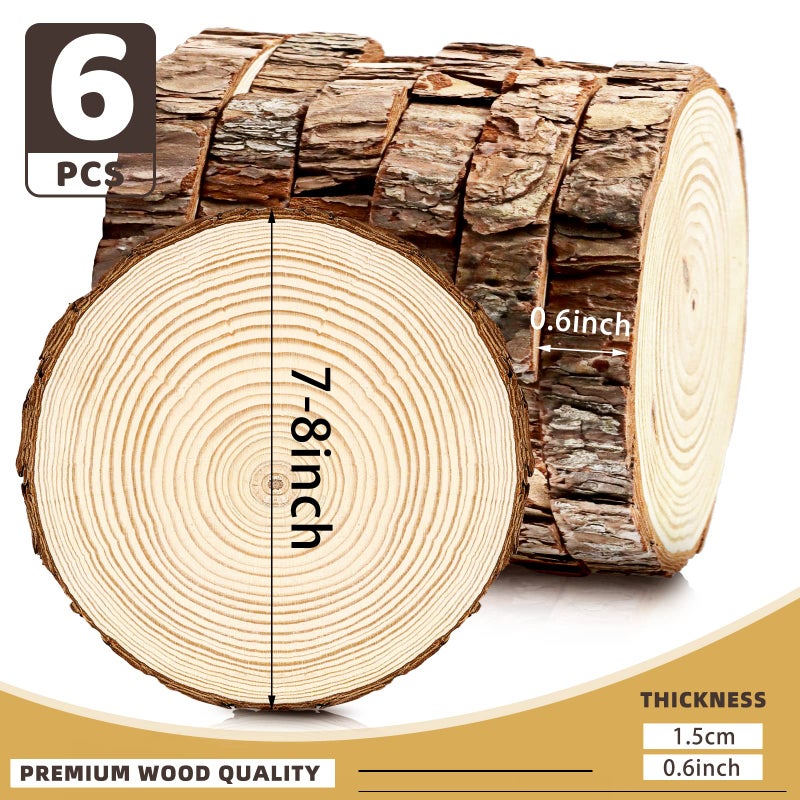 FSWCCK 6 Pack Nature Unfinished Round Wood Slices, 7-8 Inches Wooden Circle, Large Wood Slabs for Weddings Centerpieces Decor and DIY Painting Crafts - Image 2
