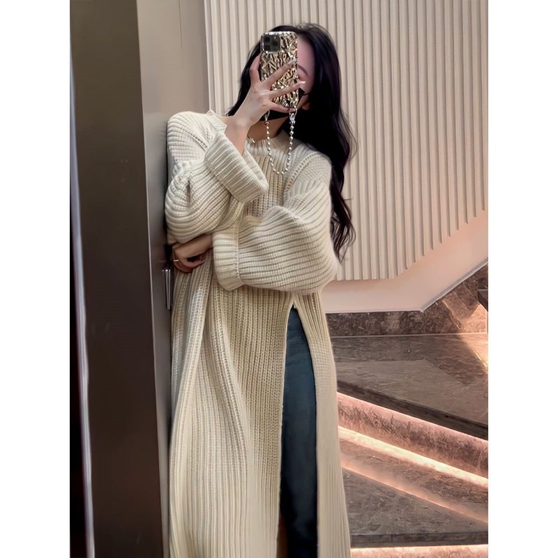 Women's Loose Knit Sweater Dress with Side Slit - Image 3