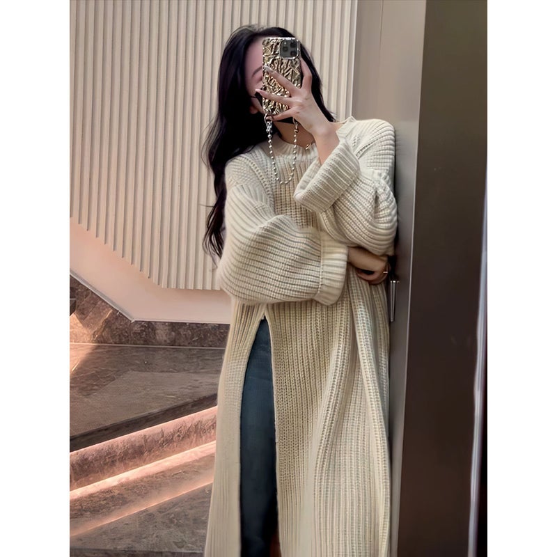 Women's Loose Knit Sweater Dress with Side Slit - Image 2
