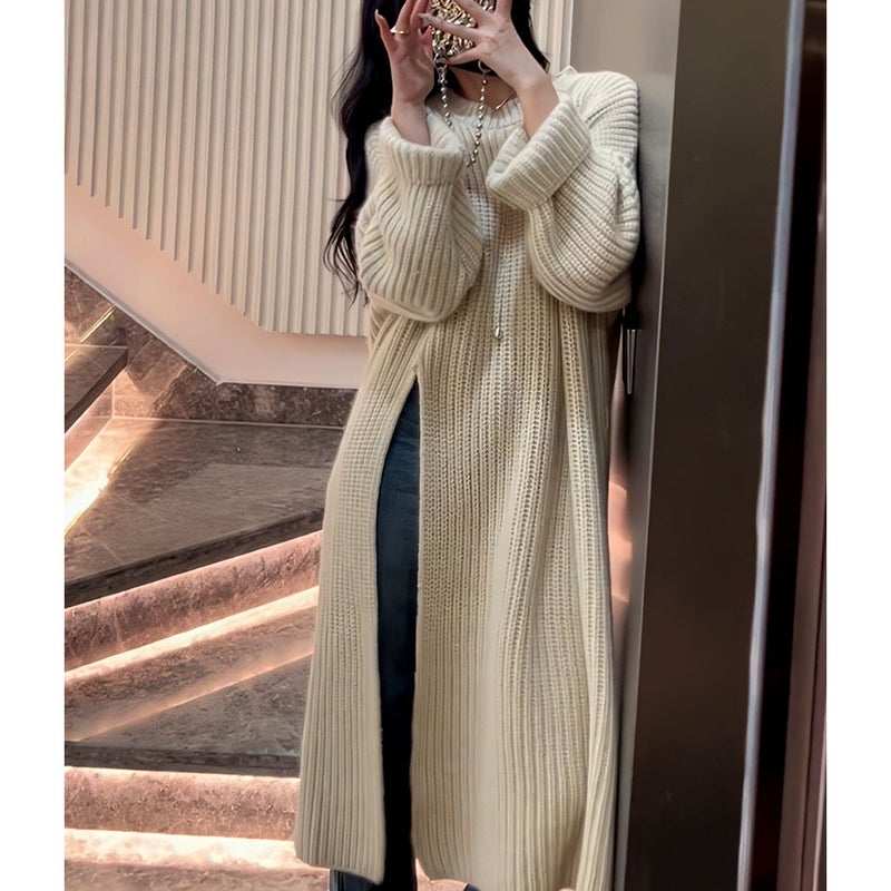 Women's Loose Knit Sweater Dress with Side Slit - Image 1