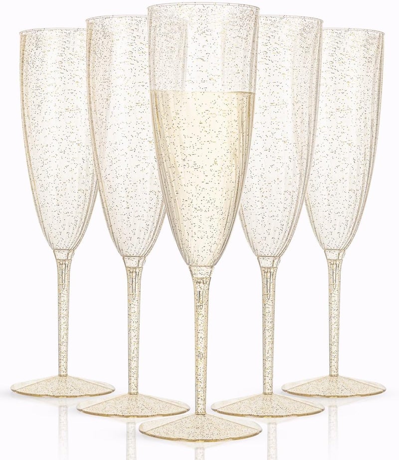 WDF 36-Pack Plastic Champagne Flutes - Gold Glitter Champagne Glasses Disposable - Perfect for Thanksgiving, Weddings, Birthday, Bridal Showers - Image 1