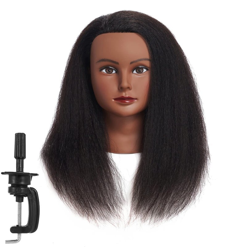 training head Traininghead 100% Real Hair Mannequin Head Training Head Cosmetology Doll Head Manikin Practice Head Hairdresser With Free Clamp Holder Female (Black Hair B) - Image 1