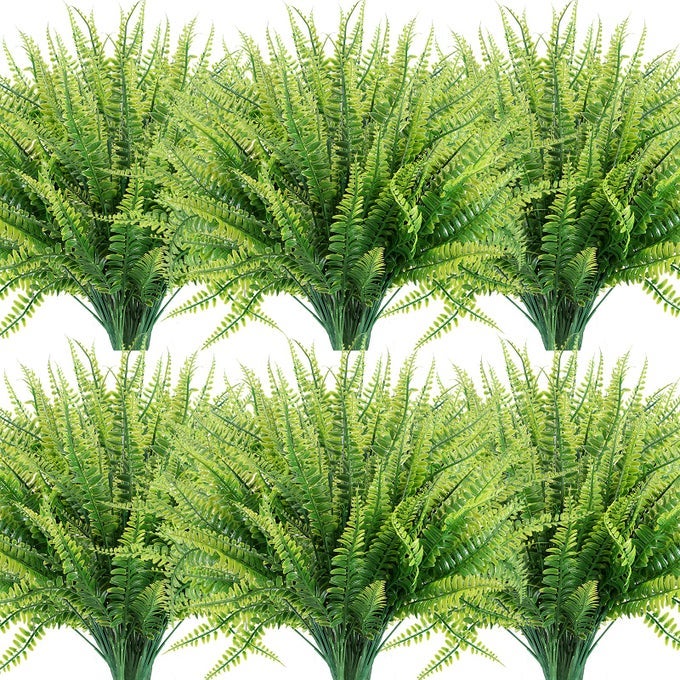 12 BUNDLES ARTIFICIAL PLANTS FAKE BOSTON FERN GREENERY OUTDOOR UV RESISTANT NO FADE FAUX PLASTIC PLANTS GARDEN PORCH WINDOW BOX DECORATING