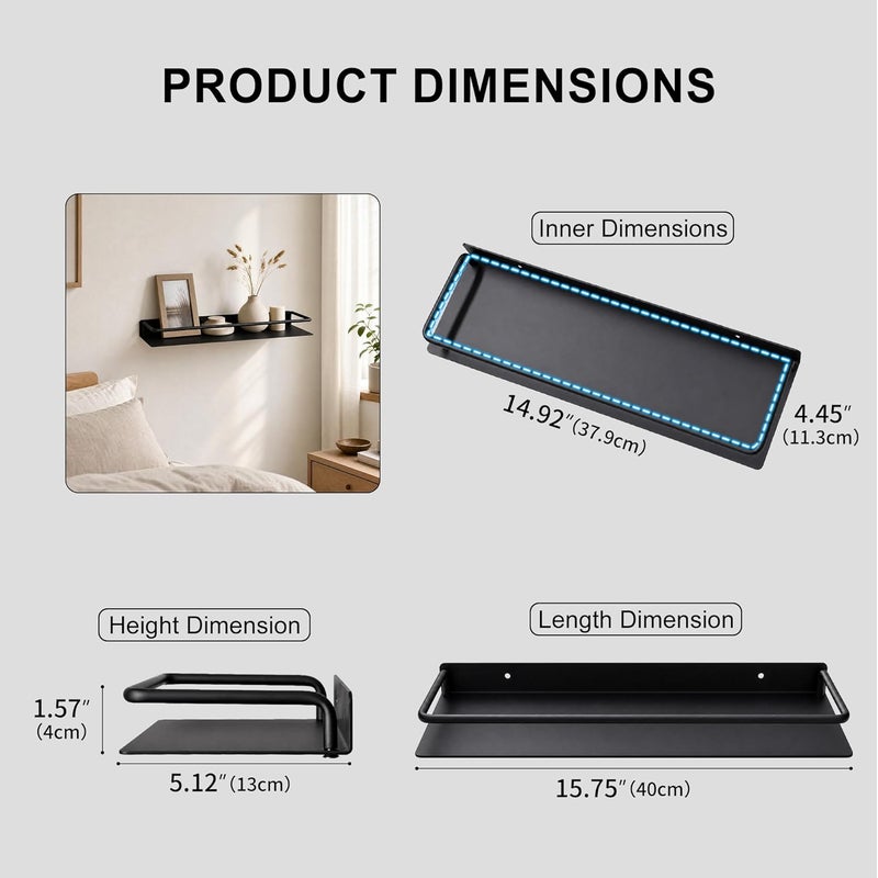 RFOUO Metal Wall Shelf, Metal Floating Shelf, Black Floating Shelf, Small Shelf for Wall, Display Shelves for Bathroom Bedroom Kitchen (Black, 16Inch) - Image 3