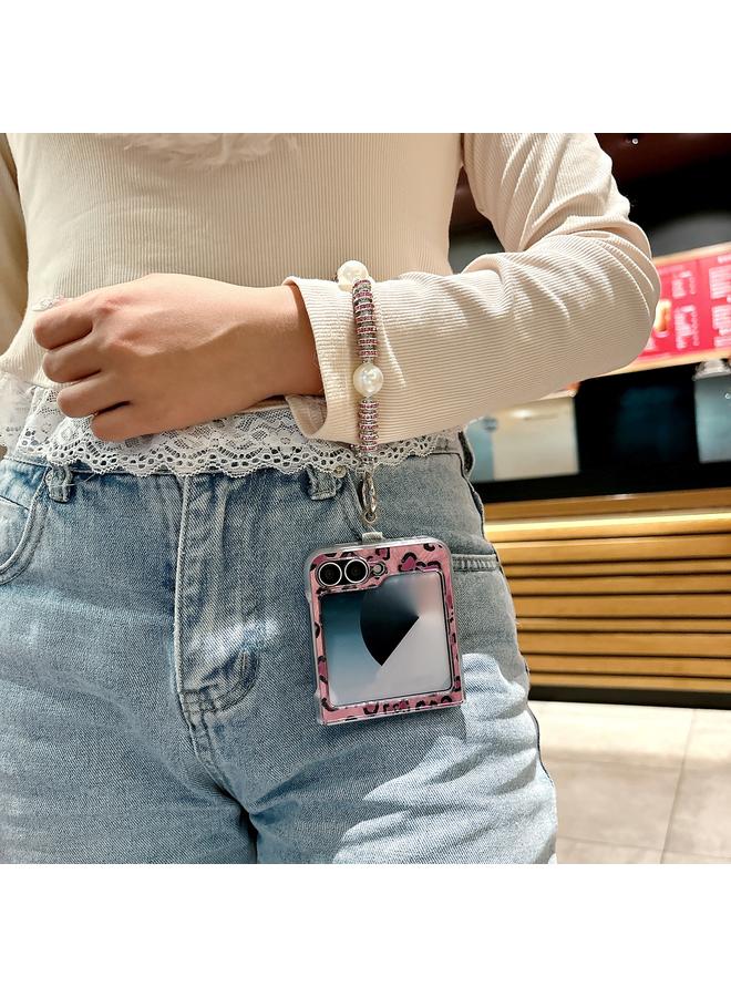 اس-توب جراب لهاتف Samsung Galaxy Z Flip5 5G بنمط ريشة الفهد جراب هاتف مدمج مع سوار - Image 5