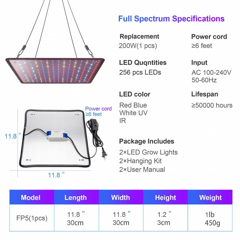 Uallhome 2 Pack LED Grow Light Panel 200W Lamp for Indoor Plants, Full Spectrum with White Blue Red UV IR LEDs for 4x4ft Coverage Grow Tent Greenhouse Veg and Bloom Seedlings Hydroponics - Image 5