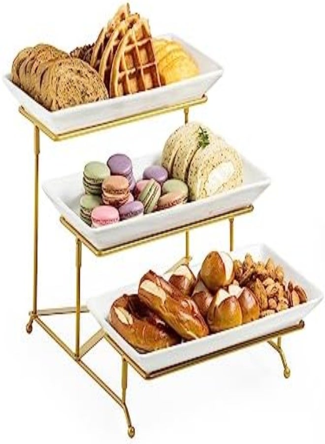 AKDC Lauchuh 3 Tier Serving Stand With Porcelain Serving Platter Tier Serving Trays With Collapsible Sturdier Rack, Serving Dishes And Platters, Gold, 12 Inch - Image 3