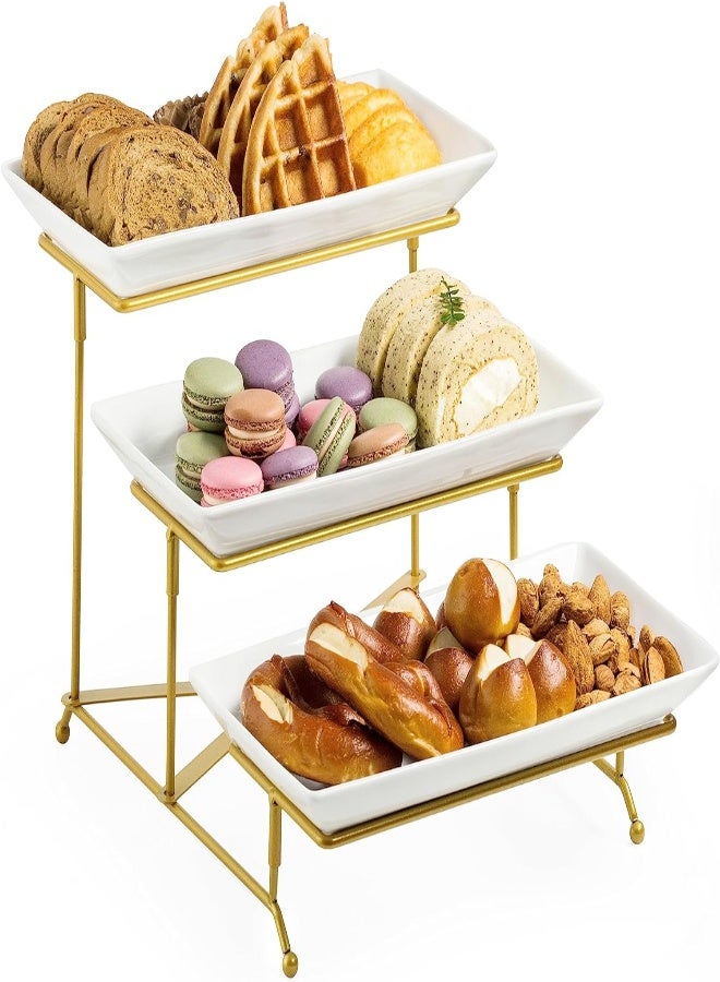 AKDC Lauchuh 3 Tier Serving Stand With Porcelain Serving Platter Tier Serving Trays With Collapsible Sturdier Rack, Serving Dishes And Platters, Gold, 12 Inch - Image 1