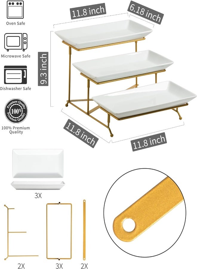 AKDC Lauchuh 3 Tier Serving Stand With Porcelain Serving Platter Tier Serving Trays With Collapsible Sturdier Rack, Serving Dishes And Platters, Gold, 12 Inch - Image 2