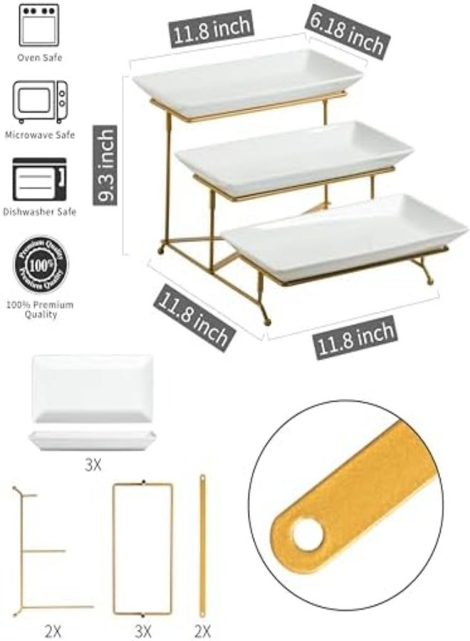 AKDC Lauchuh 3 Tier Serving Stand With Porcelain Serving Platter Tier Serving Trays With Collapsible Sturdier Rack, Serving Dishes And Platters, Gold, 12 Inch - Image 4