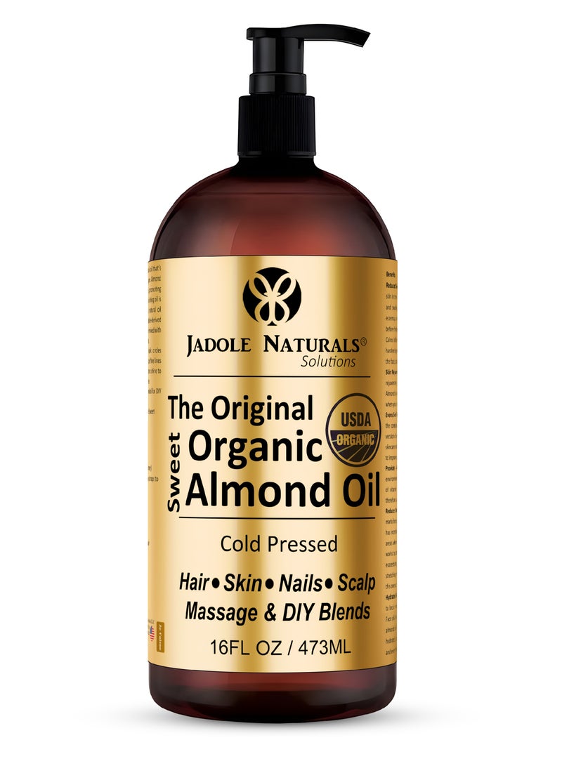 Jadole Naturals The Original Gold Label Organic Sweet Almond Oil USDA Certified for Skin Hair Scalp Massage 473 ml - Image 1