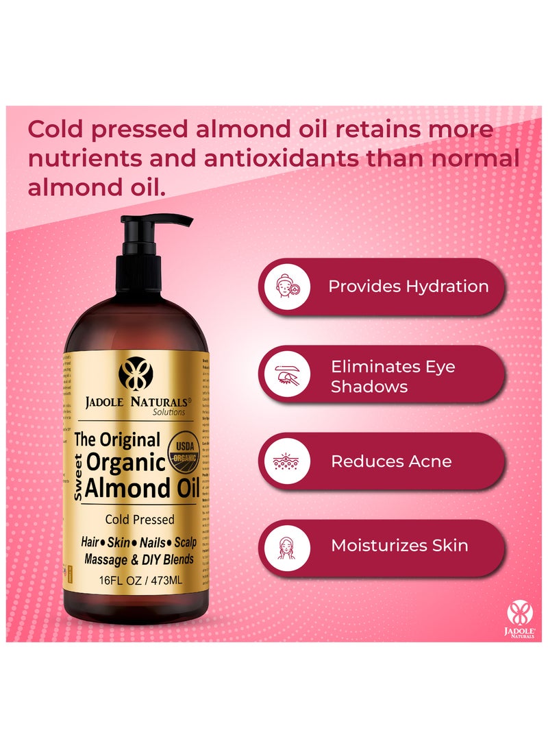 Jadole Naturals The Original Gold Label Organic Sweet Almond Oil USDA Certified for Skin Hair Scalp Massage 473 ml - Image 4