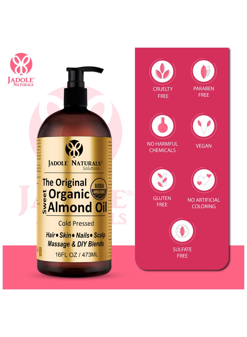 Jadole Naturals The Original Gold Label Organic Sweet Almond Oil USDA Certified for Skin Hair Scalp Massage 473 ml - Image 5