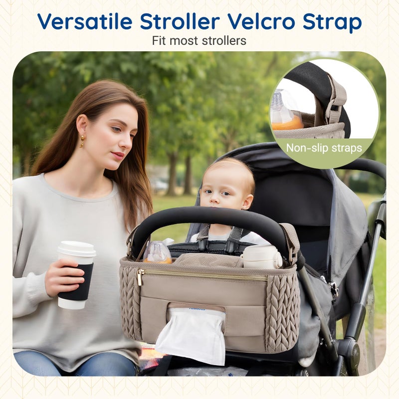 mommore Stroller Organizer with Insulated Cup Holders, Adjustable Stroller Caddy with Detachable Phone Bag, Stroller Accessories Fits for Uppababy, Doona, Jogger, Britax(Light Cafe) - Image 2