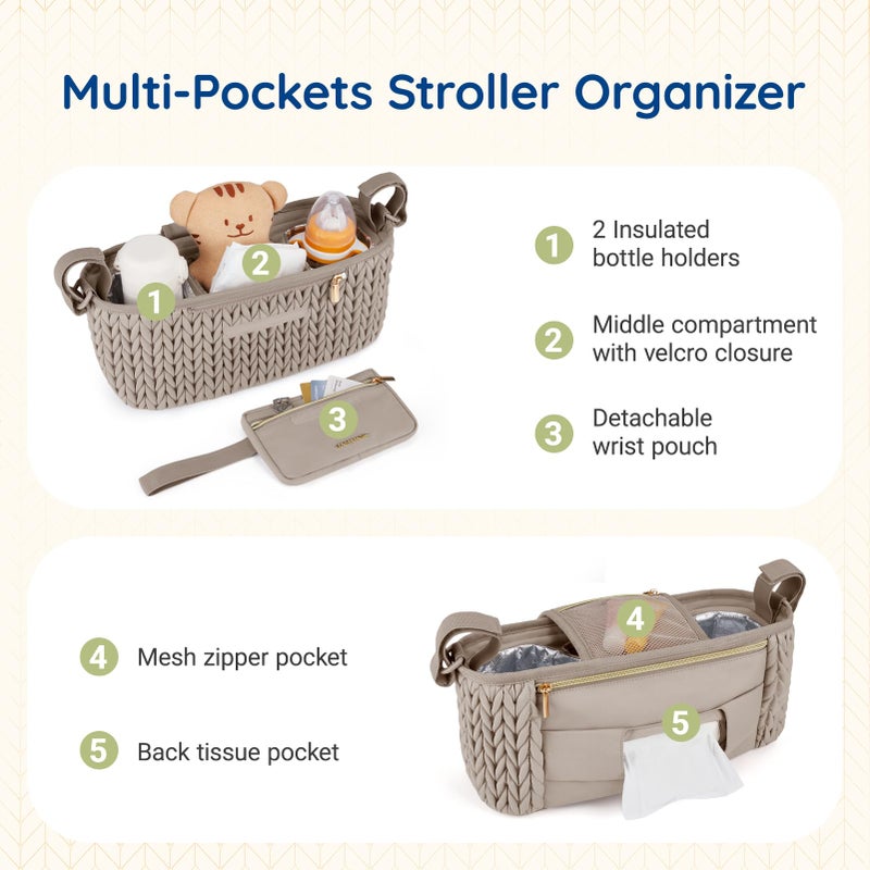 mommore Stroller Organizer with Insulated Cup Holders, Adjustable Stroller Caddy with Detachable Phone Bag, Stroller Accessories Fits for Uppababy, Doona, Jogger, Britax(Light Cafe) - Image 3