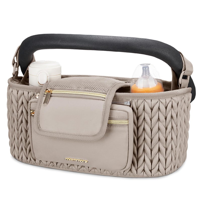 mommore Stroller Organizer with Insulated Cup Holders, Adjustable Stroller Caddy with Detachable Phone Bag, Stroller Accessories Fits for Uppababy, Doona, Jogger, Britax(Light Cafe) - Image 1