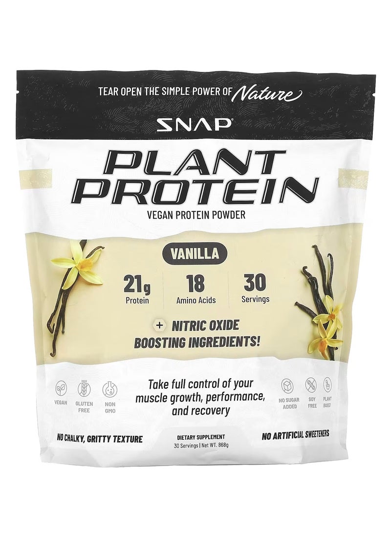 SNAP SUPPLEMENTS Plant Protein Vegan Protein Powder Vanilla 21g Protein,18 Amino Acids 30 serving With Nitric Oxide Boosting Ingredients,With Nitric Oxide Boosting Ingredients - Dietary Supplement 30 sarving Net WT 868 g  - Image 1