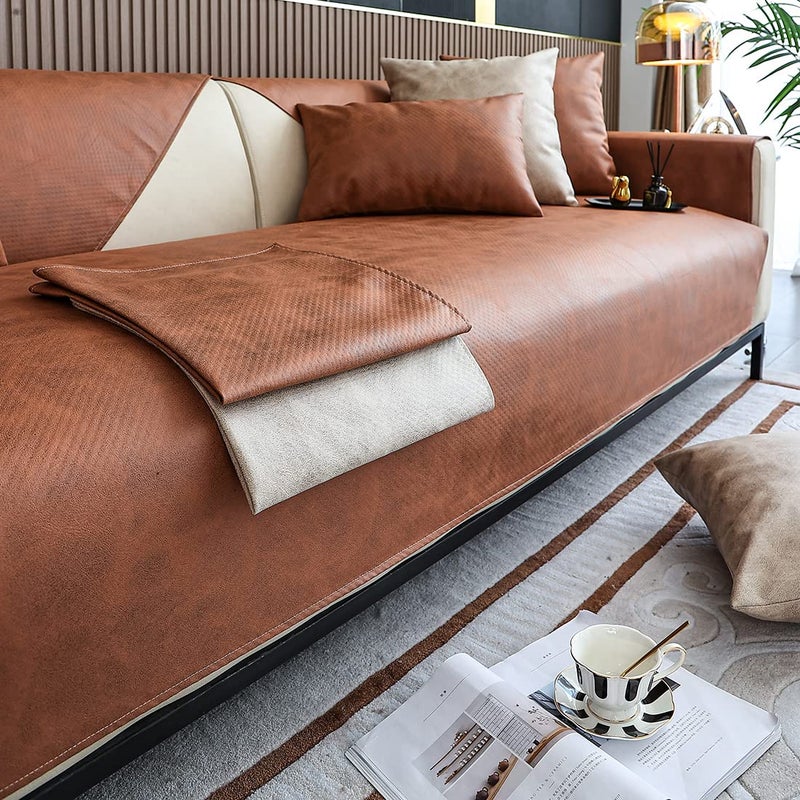 vctops Vintage Leather Look Sofa Cover Water Resistant NonSlip Sectional Couch Cover Sofa Slipcover for Dogs Children Pets Furniture Protector Coffee43x63 - Image 2