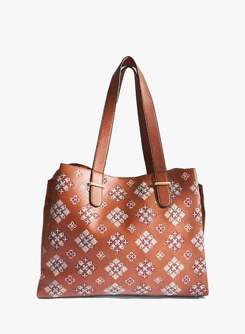 Chumbak Vintage Cross Stitch Tote -Tan