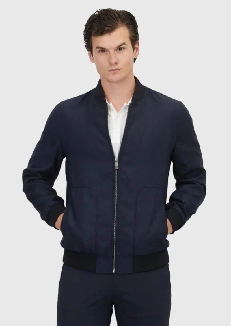 رامسي معطف كاجوال منسوج بياقة عالية وقصة عادية باللون الأزرق الداكن