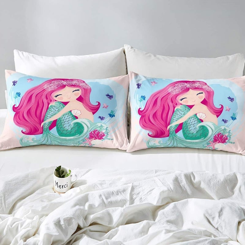 Mermaid Comforter Cover Underwater Aquatic Life Duvet Cover Set Ocean Theme Marine Life Bedding Set 3pcs for Kids Girls Room Decor Quilt Cover with 2 Pillowcases (No Comforter) Queen Size - Image 2