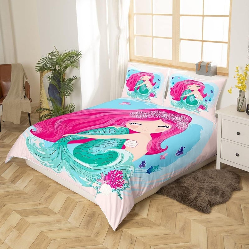 Mermaid Comforter Cover Underwater Aquatic Life Duvet Cover Set Ocean Theme Marine Life Bedding Set 3pcs for Kids Girls Room Decor Quilt Cover with 2 Pillowcases (No Comforter) Queen Size - Image 3
