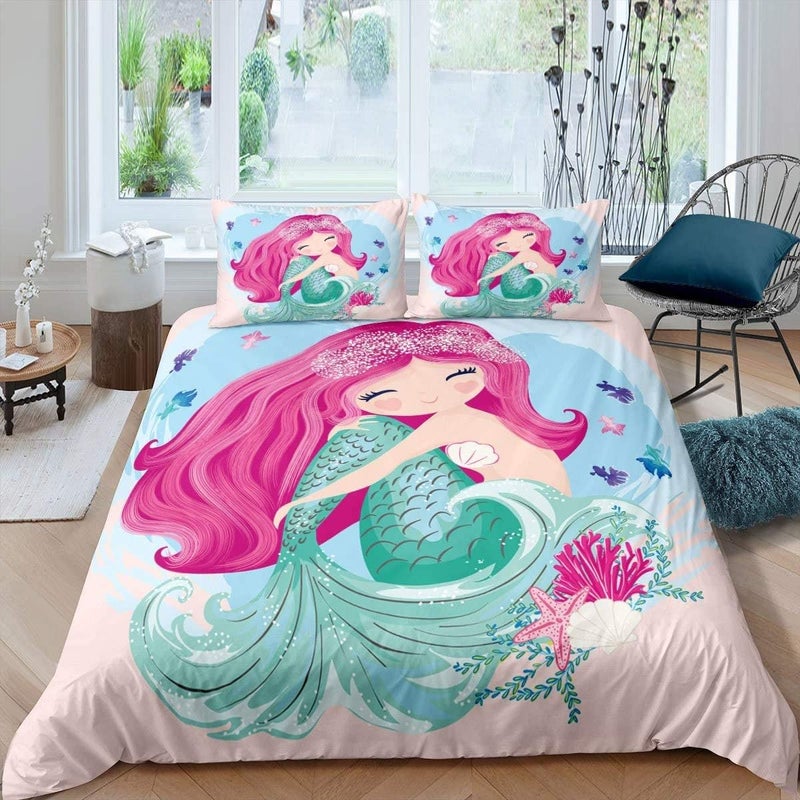 Mermaid Comforter Cover Underwater Aquatic Life Duvet Cover Set Ocean Theme Marine Life Bedding Set 3pcs for Kids Girls Room Decor Quilt Cover with 2 Pillowcases (No Comforter) Queen Size - Image 1