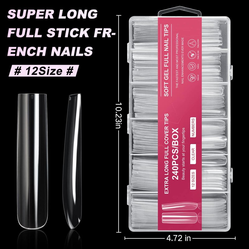 AORAEM Extra Long Square Full Cover Nail Tips 240PCS XXXL Clear Full Cover Fake Nails False Nails 12 Sizes Tapered Square Press on Fake Nail Tips for Acrylic Nails Salons Home DIY with Box - Image 2