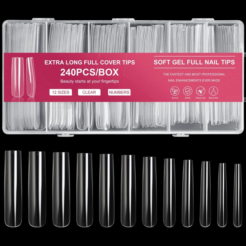 AORAEM Extra Long Square Full Cover Nail Tips 240PCS XXXL Clear Full Cover Fake Nails False Nails 12 Sizes Tapered Square Press on Fake Nail Tips for Acrylic Nails Salons Home DIY with Box - Image 1