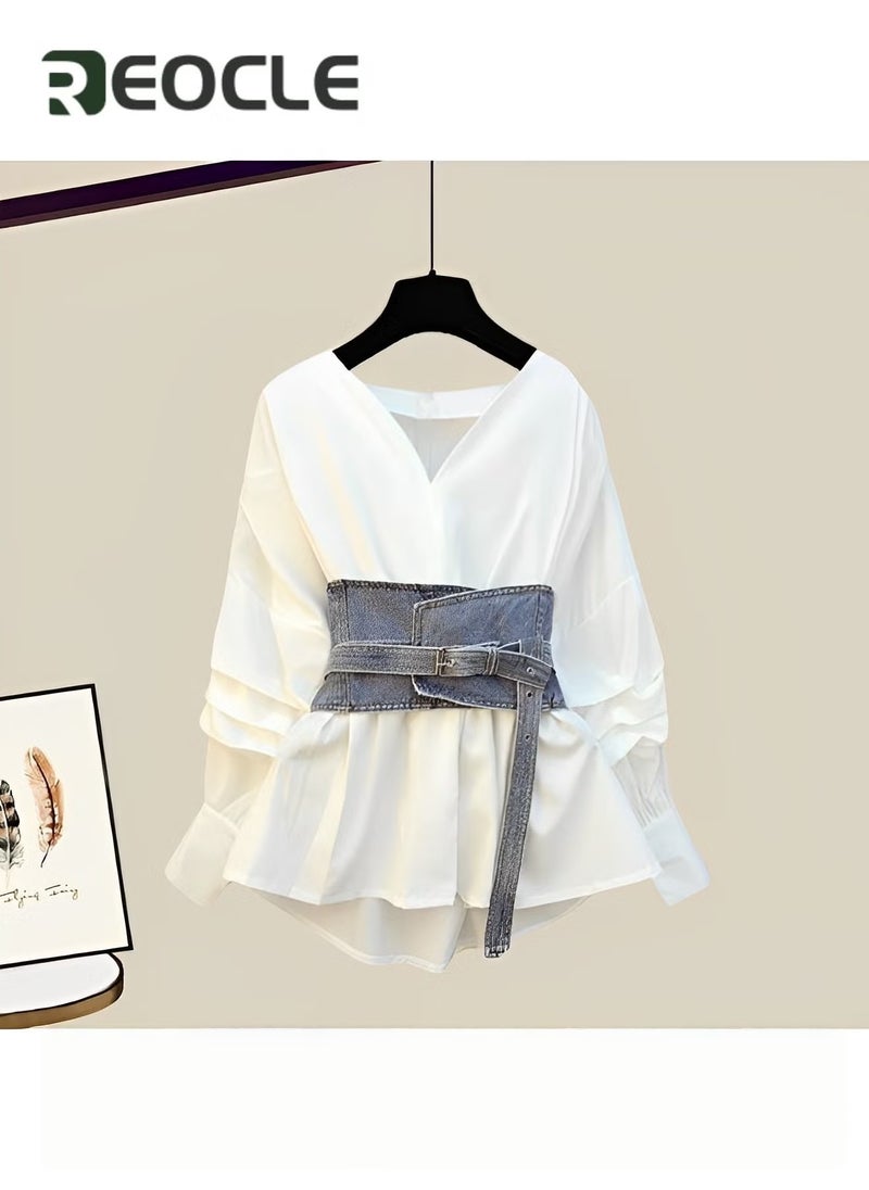 REOCLE Women's 2pcs Set V-neck Long Sleeve Shirt & Denim Split A Line Skirt Casual Spring Suits for Ladies - Image 2