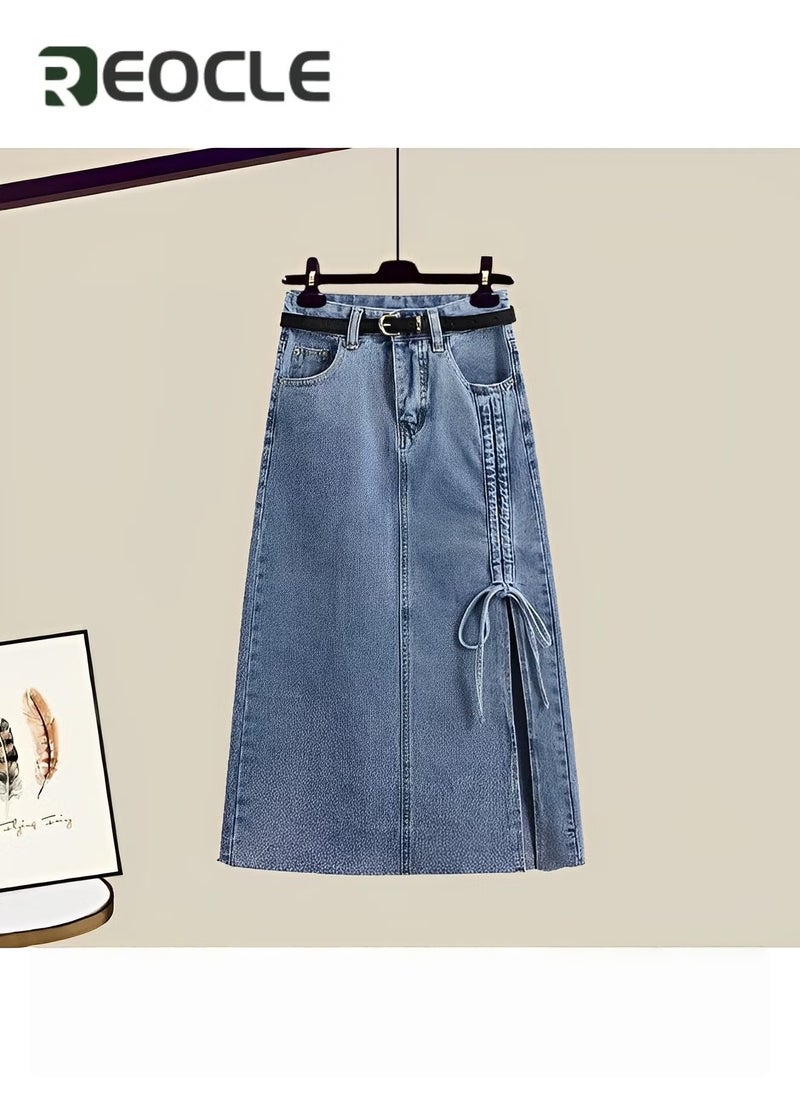 REOCLE Women's 2pcs Set V-neck Long Sleeve Shirt & Denim Split A Line Skirt Casual Spring Suits for Ladies - Image 3