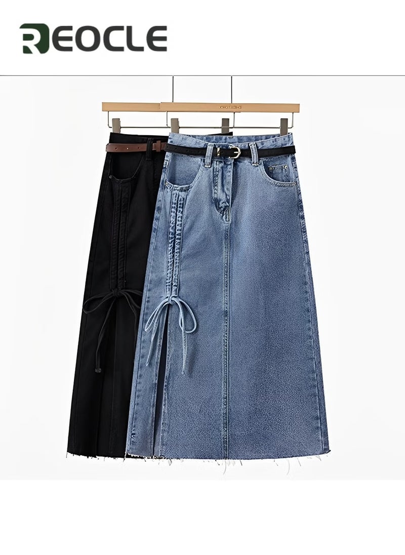 REOCLE Women's 2pcs Set V-neck Long Sleeve Shirt & Denim Split A Line Skirt Casual Spring Suits for Ladies - Image 4