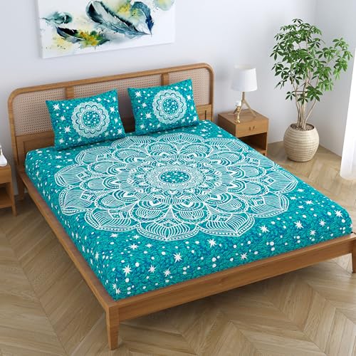 Colorish Cotton Blend Jaipuri Printed Double Bedsheet Mandala Stars King Size Bed Sheet with 2 Pillow Covers - Sea Green - Image 4