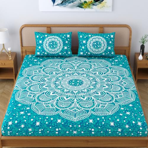 Colorish Cotton Blend Jaipuri Printed Double Bedsheet Mandala Stars King Size Bed Sheet with 2 Pillow Covers - Sea Green - Image 2