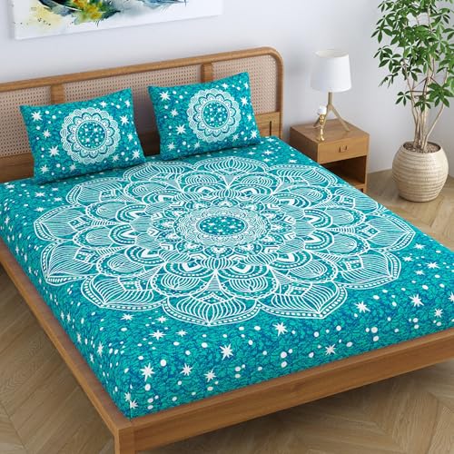 Colorish Cotton Blend Jaipuri Printed Double Bedsheet Mandala Stars King Size Bed Sheet with 2 Pillow Covers - Sea Green - Image 1