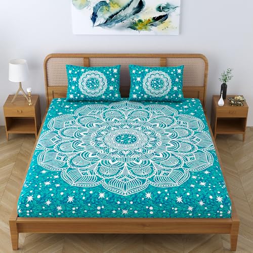 Colorish Cotton Blend Jaipuri Printed Double Bedsheet Mandala Stars King Size Bed Sheet with 2 Pillow Covers - Sea Green - Image 5