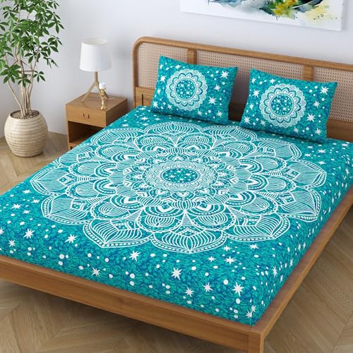 Colorish Cotton Blend Jaipuri Printed Double Bedsheet Mandala Stars King Size Bed Sheet with 2 Pillow Covers - Sea Green - Image 3