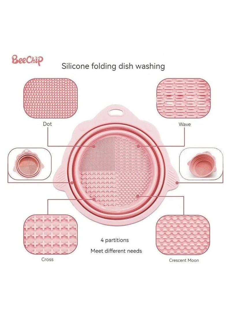 Foldable Makeup Brush Cleaning Bucket, Silicone Toiletry Cleaning Bowl, Foldable Washing Tool for Makeup Brushes, Makeup Sponge, Powder Puff (Beige)