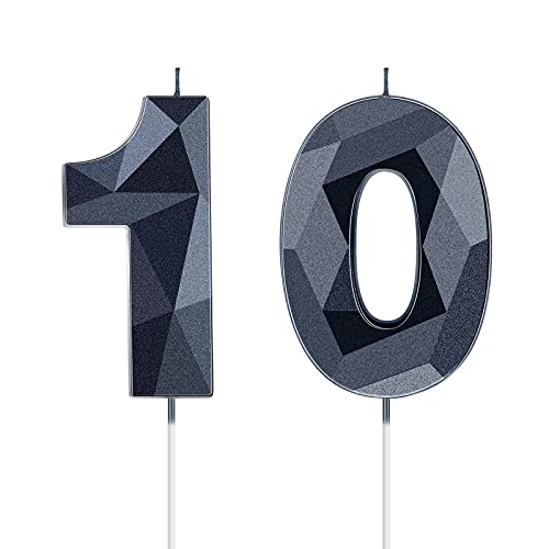 Nuanchu 10th Birthday Candles 3D Diamond Shape Number Candles Numeral Birthday Cake Topper Ten Years Old Cake Topper for Family Baking Theme Party Decoration Supplies Black