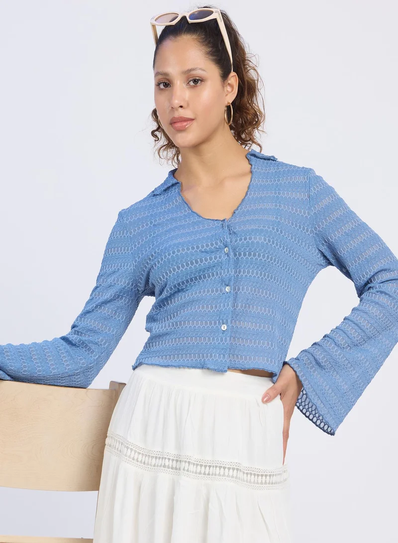 بينيا كولادا Women's Tufts Blue Textured-Knitted Top For Casual Wear | Spread Collar | Long Sleeves | Button Closure | Top Designed With Comfortable Fit For Woman & Girls