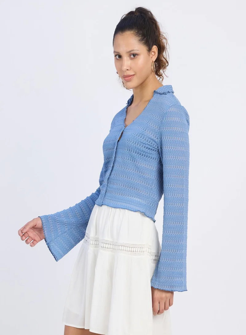 بينيا كولادا Women's Tufts Blue Textured-Knitted Top For Casual Wear | Spread Collar | Long Sleeves | Button Closure | Top Designed With Comfortable Fit For Woman & Girls