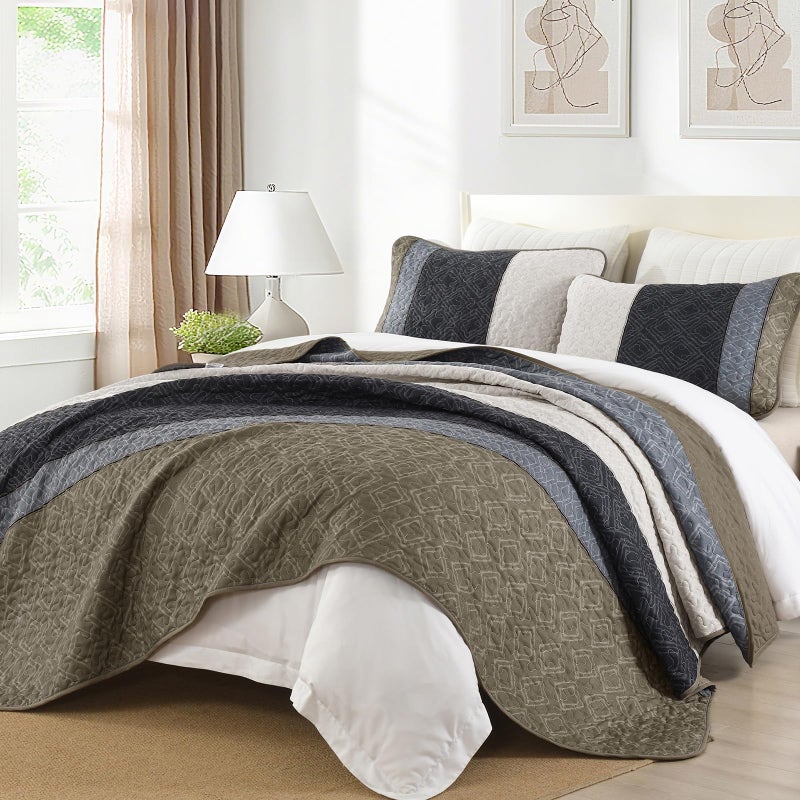 Cottolester Quilt Set Queen Size 3 Pieces,Striped Plaid Bedspread Coverlet Set,Taupe Boho Bedding Set Soft Microfiber Bedding Set with 2 Pillow Shams 96"x90" - Image 3
