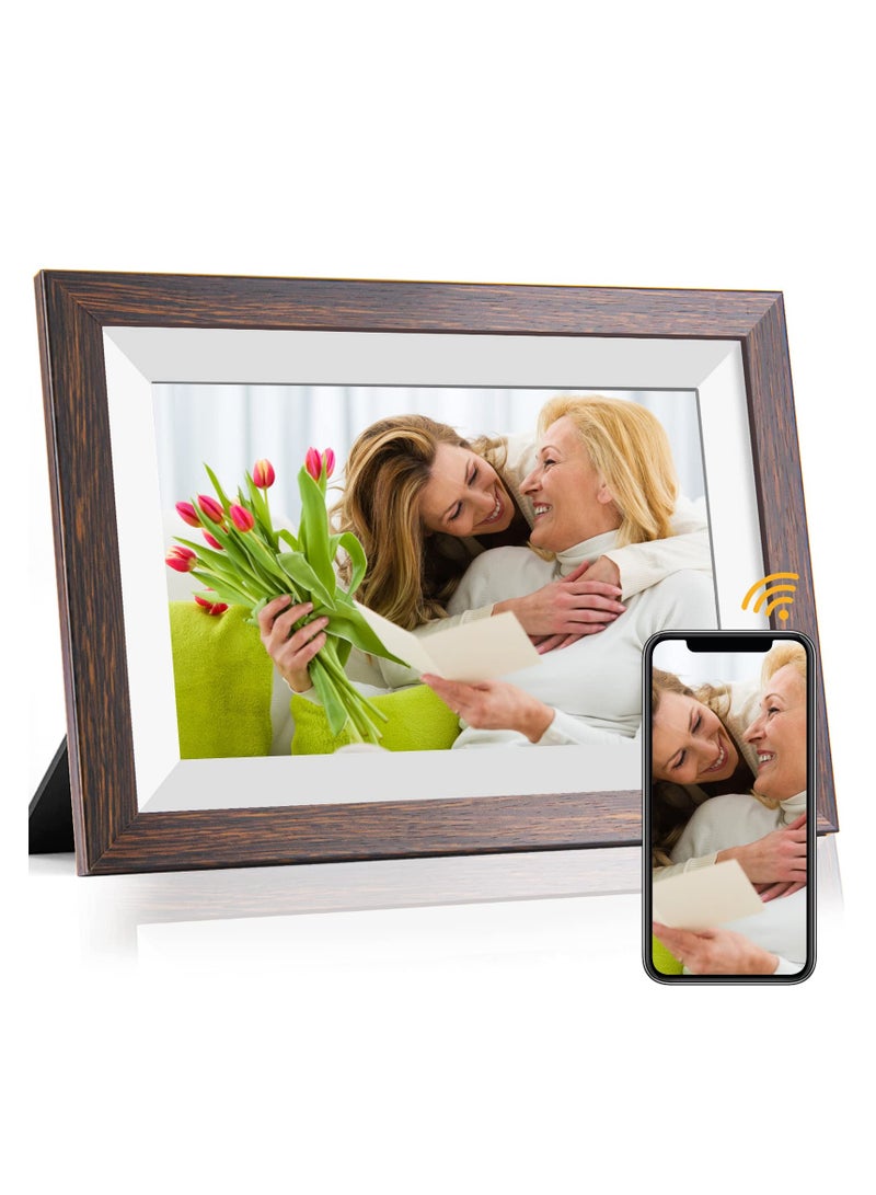 10.1 Inch WiFi Digital Photo Frame with IPS Touch Screen HD Display, 16GB Storage, Easy Setup for Sharing Photos & Videos via Free Frameo App (Brown Wood Frame) - Image 1