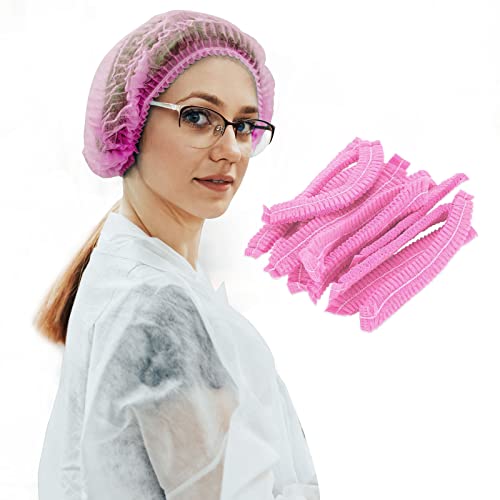 100 Pack 21 Disposable Nonwoven Bouffant Caps Hair Net for Hospital Salon Spa Catering and Dustfree Workspace pink