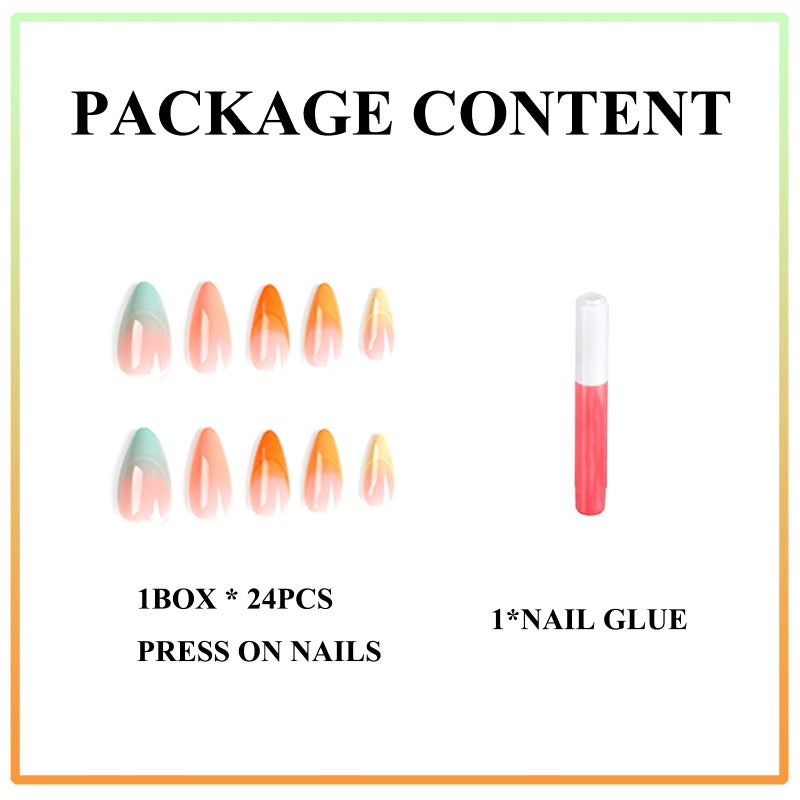 MERVF Medium Press on Nails Almond - Colorful Ombre French Tip Stiletto Glue ons Solid Color Glossy 24pcs Acrylic Fake Nails - Image 4
