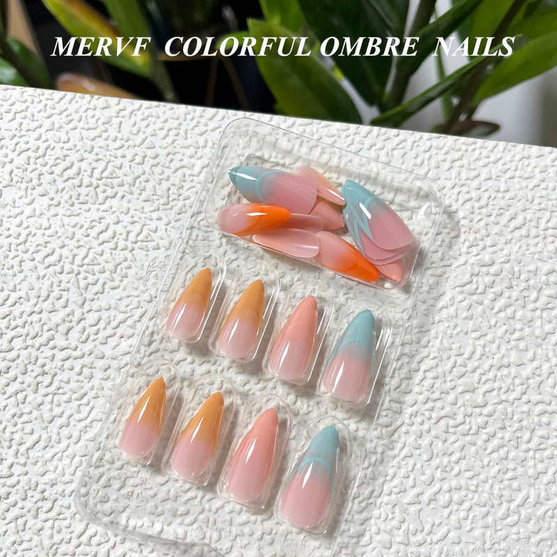 MERVF Medium Press on Nails Almond - Colorful Ombre French Tip Stiletto Glue ons Solid Color Glossy 24pcs Acrylic Fake Nails - Image 2