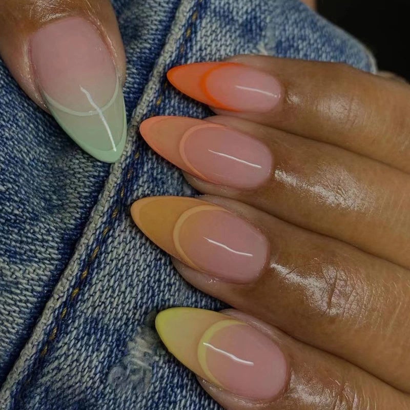 MERVF Medium Press on Nails Almond - Colorful Ombre French Tip Stiletto Glue ons Solid Color Glossy 24pcs Acrylic Fake Nails - Image 1